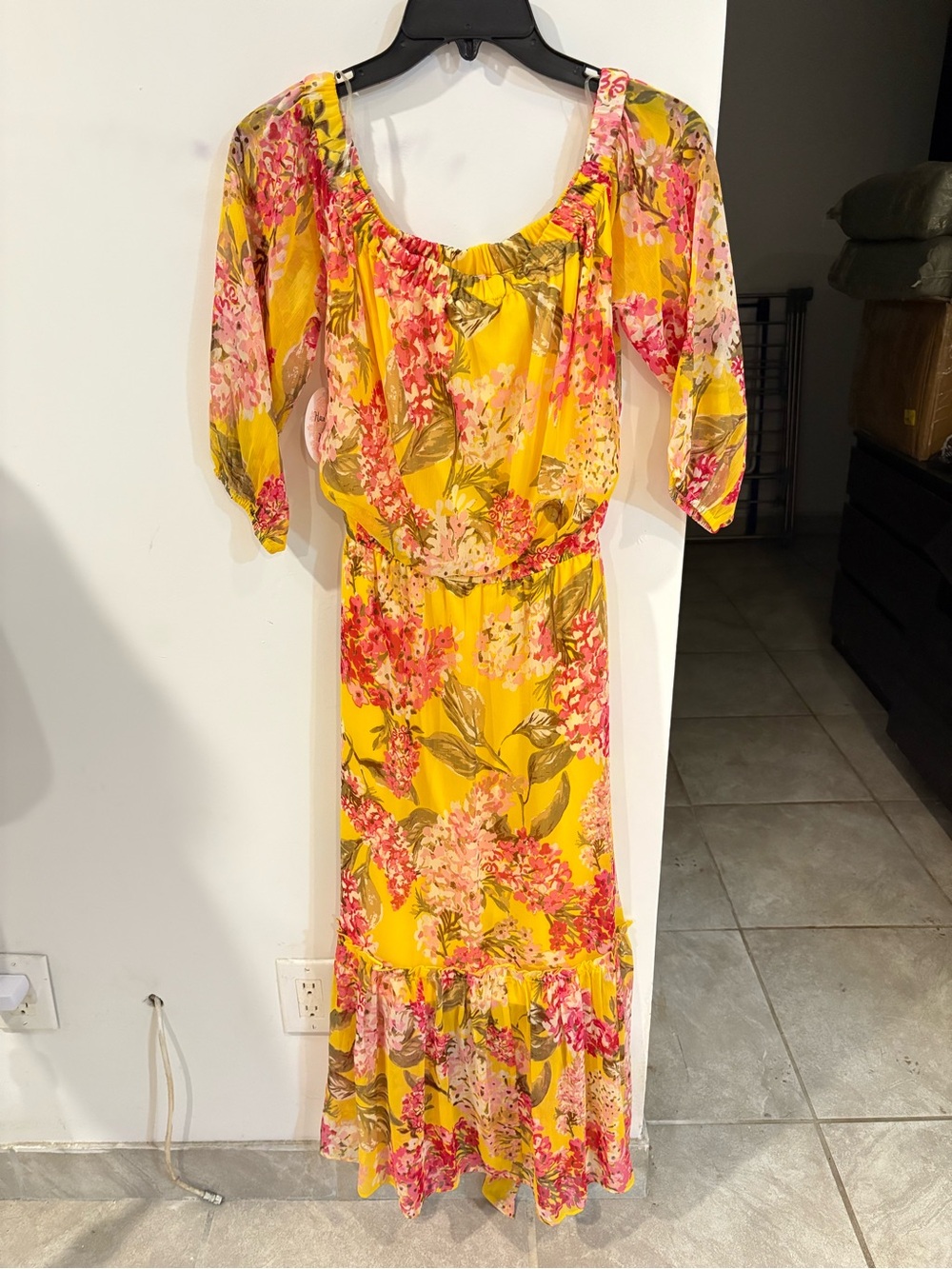 Yellow Floral Midi Dress with Elastic Waist